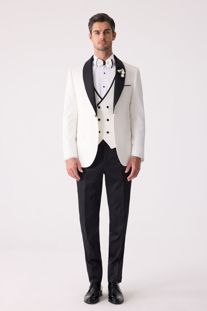 Erkek Krem Slim Fit Şal Yaka Damatlık - 4