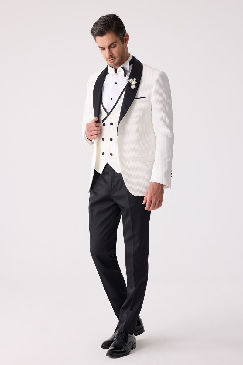 Erkek Krem Slim Fit Şal Yaka Damatlık - 5