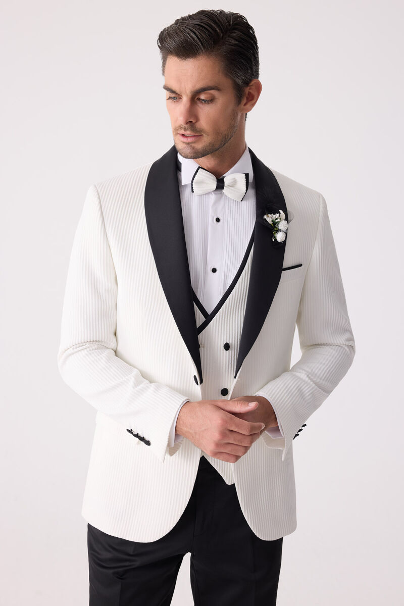 Erkek Krem Slim Fit Şal Yaka Damatlık - 6