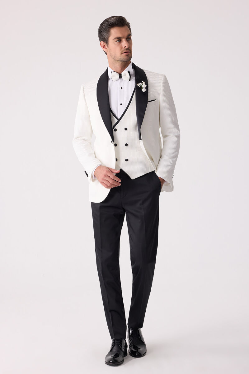 Erkek Krem Slim Fit Şal Yaka Damatlık - 7