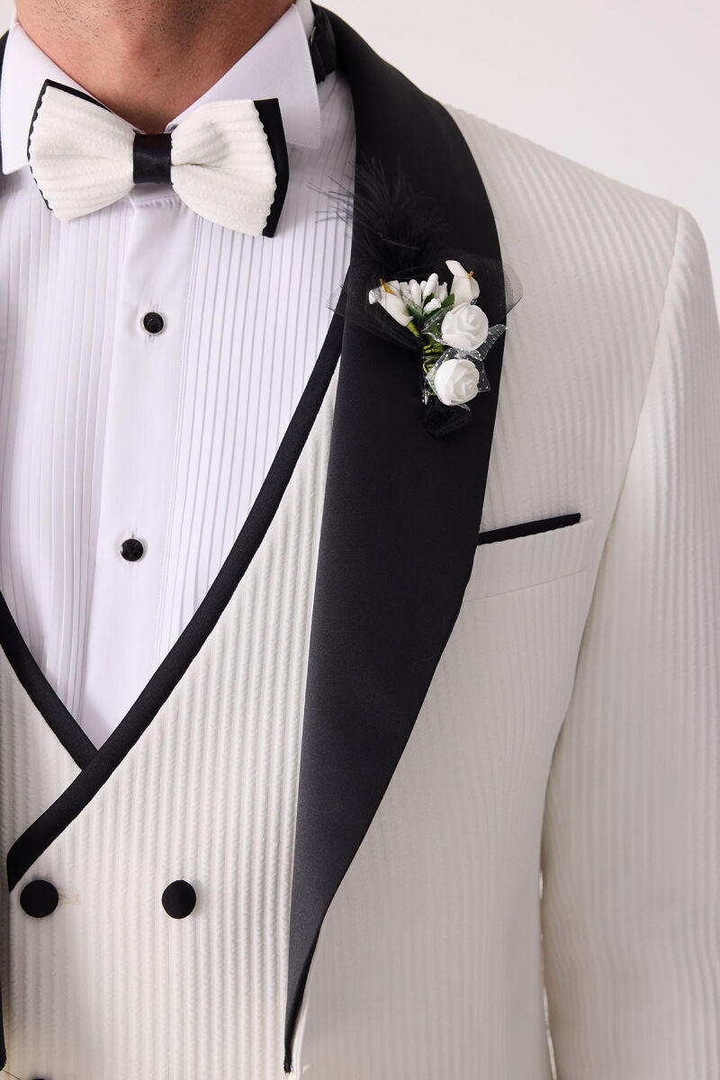 Erkek Krem Slim Fit Şal Yaka Damatlık - 8