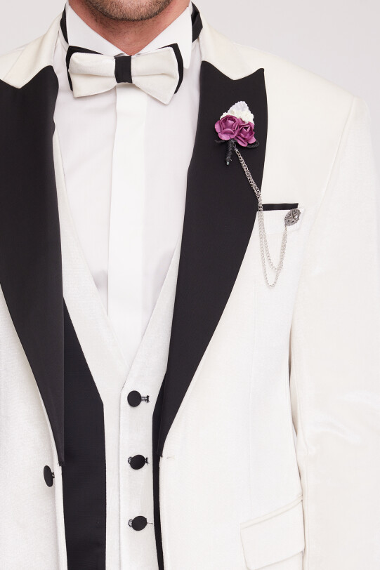 Erkek Krem Slim Fit Sivri Yaka Kadife Damatlık