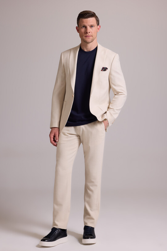 Erkek Krem Slim Fit Sivri Yaka Takım Elbise