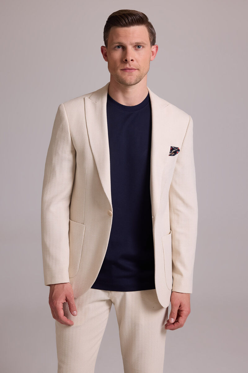 Erkek Krem Slim Fit Sivri Yaka Takım Elbise - 2