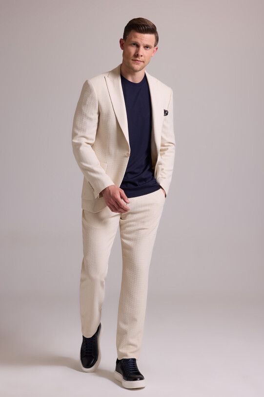 Erkek Krem Slim Fit Sivri Yaka Takım Elbise