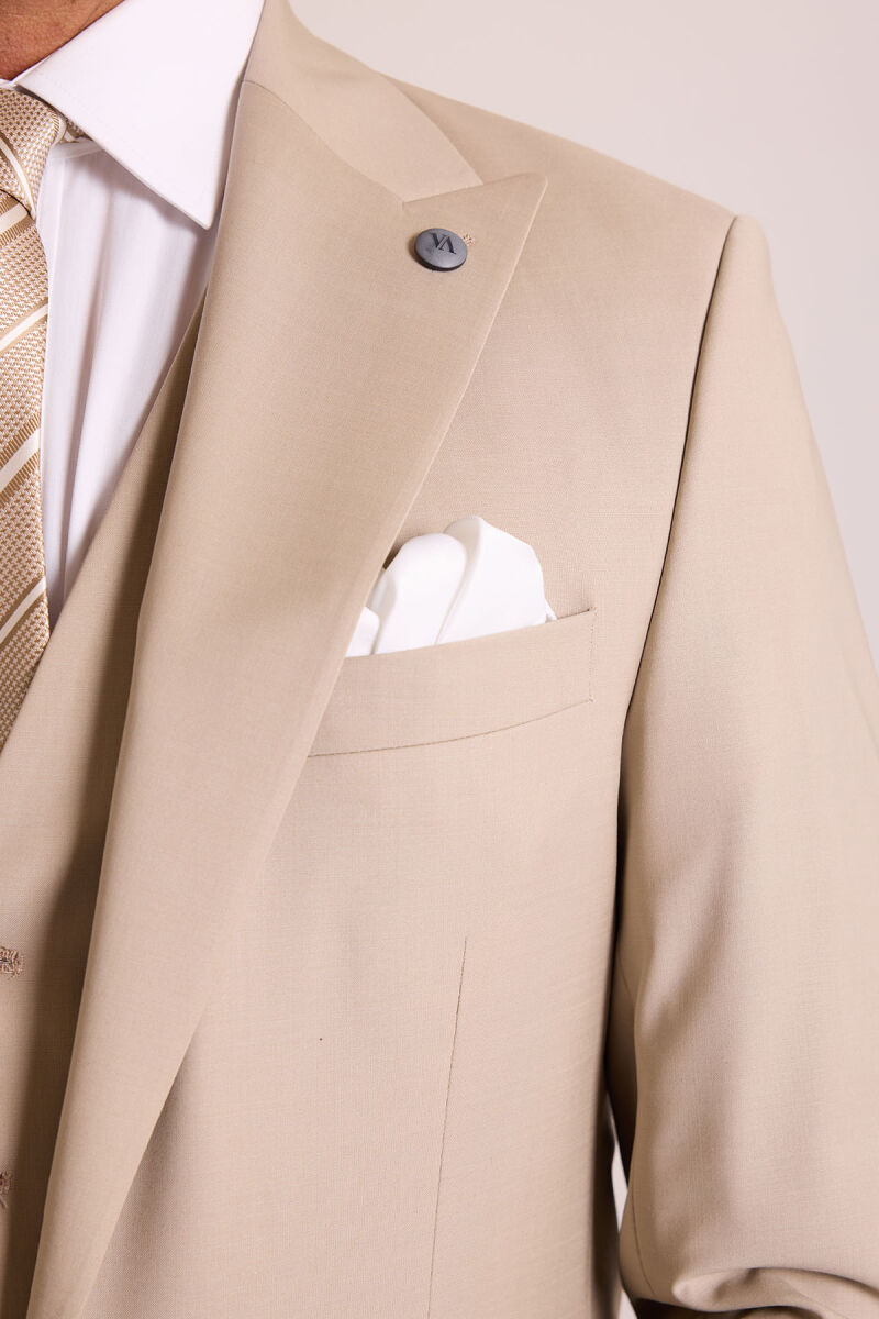 Erkek Krem Slim Fit Sivri Yaka Yelekli Takım Elbise - 7