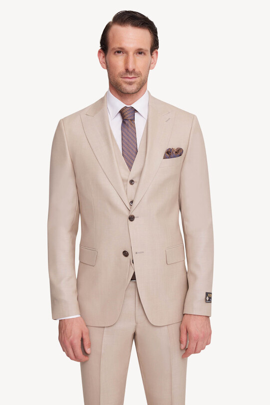 Erkek Krem Slim Fit Sivri Yaka Yelekli Takım Elbise