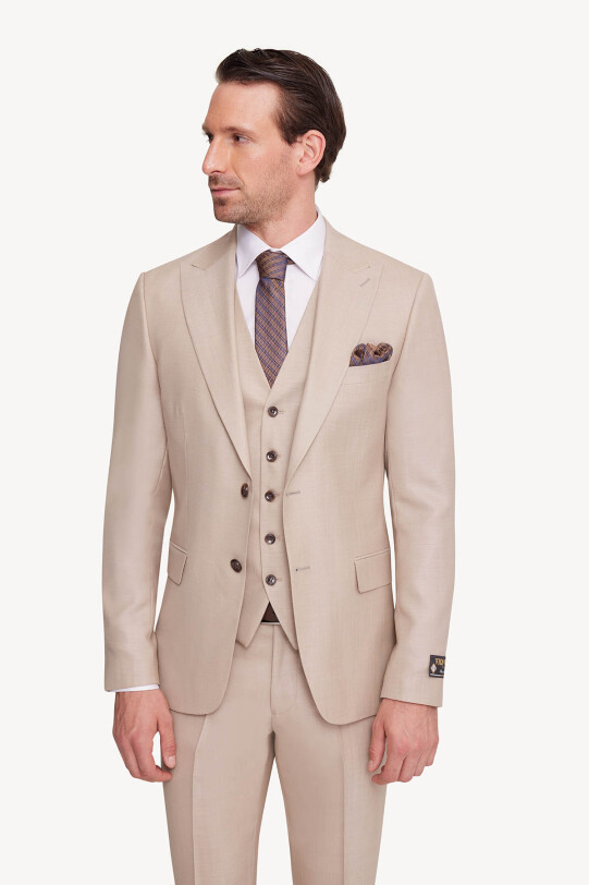 Erkek Krem Slim Fit Sivri Yaka Yelekli Takım Elbise