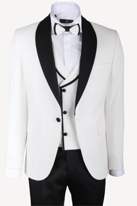 Erkek Krem Slim Fit Yelekli Çıkma Şal Yaka Damatlık