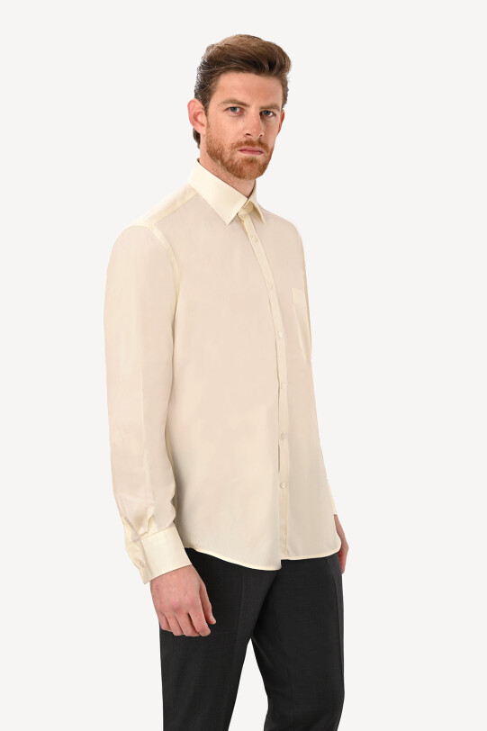 Erkek Krem Uzun Kol Klasik Saten Gömlek