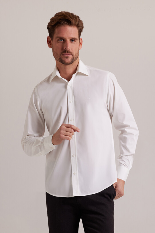 Erkek Krem Yarım İtalyan Slim Fit Uzun Kol Gömlek