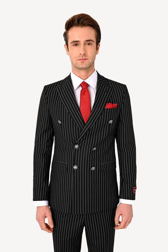Erkek Kruvaze Çizgili Regular Fit Takım Elbise