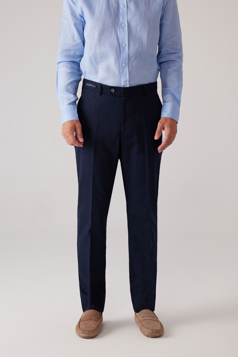 Erkek Lacivert %100 Keten Pantolon - 1