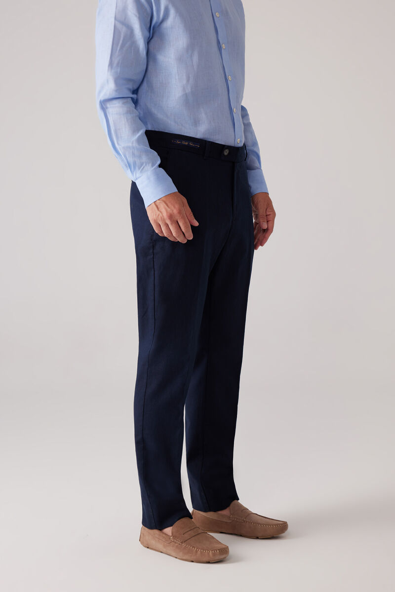 Erkek Lacivert %100 Keten Pantolon - 5