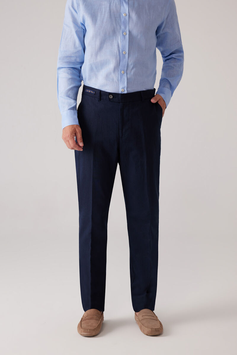 Erkek Lacivert %100 Keten Pantolon - 6