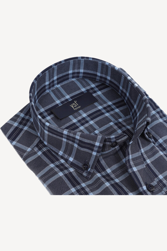 Erkek Lacivert Kısa Kol Kareli Klasik Gömlek - YSF (1)