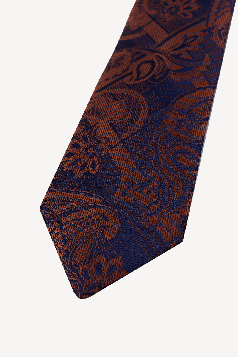 Erkek Lacivert Bakır Desenli Kravat Mendil Set - 2