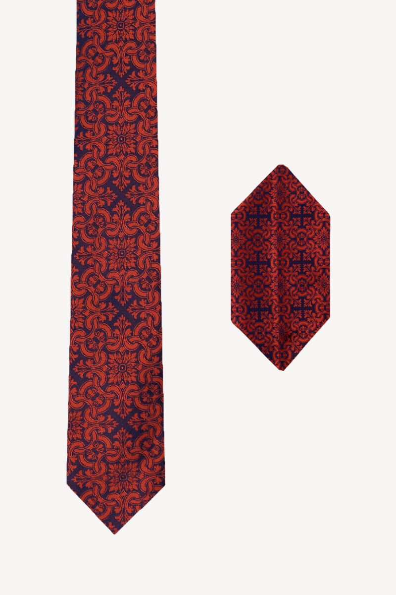 Erkek Lacivert Bakır Desenli Kravat Mendil Set - 1