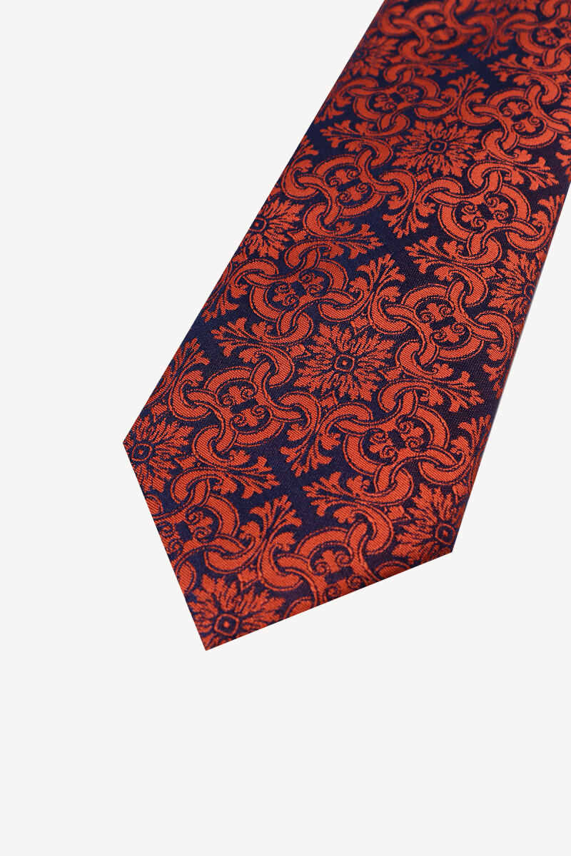 Erkek Lacivert Bakır Desenli Kravat Mendil Set - 2