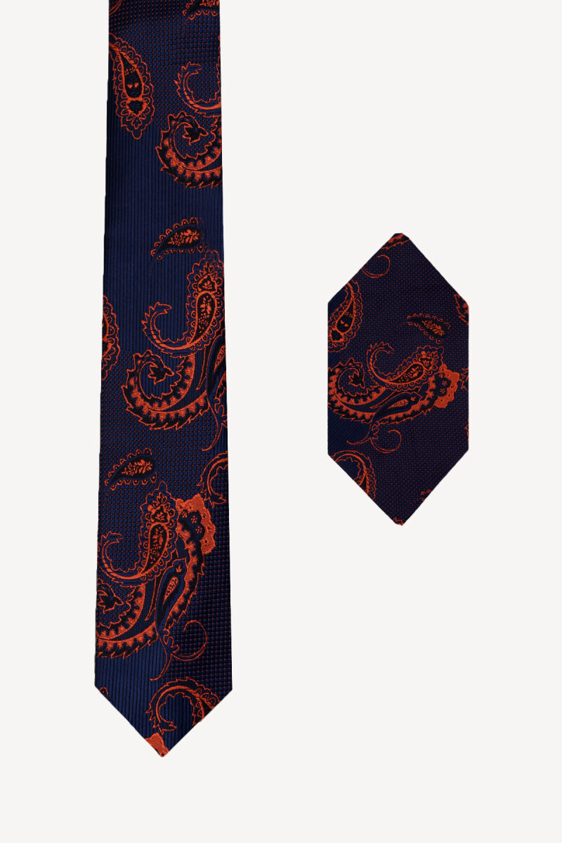 Erkek Lacivert Bakır Desenli Kravat Mendil Set - 1