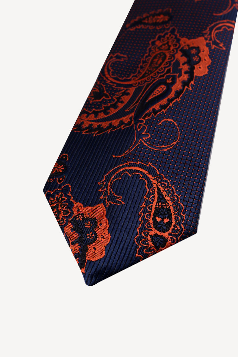 Erkek Lacivert Bakır Desenli Kravat Mendil Set - 2