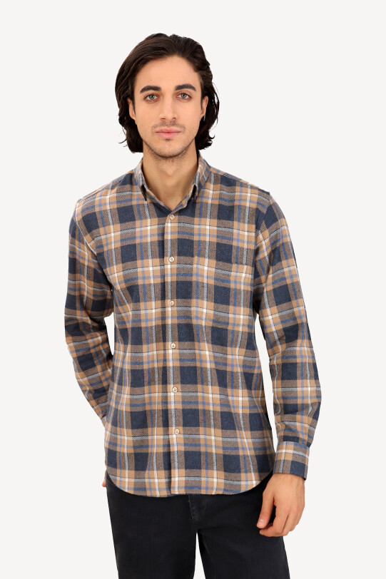 Erkek Lacivert Bej Uzun Kol Klasik Oduncu Gömlek