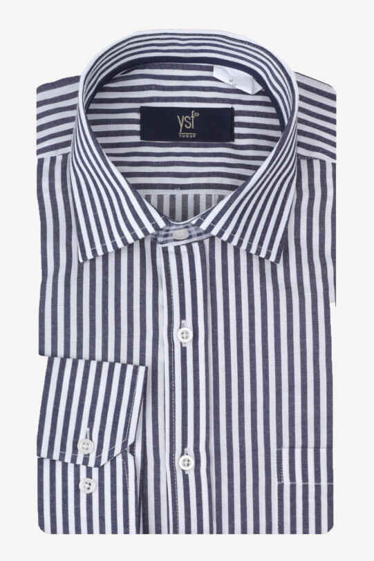 Erkek Lacivert Beyaz Çizgili Klasik Gömlek