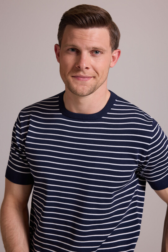 Erkek Lacivert Beyaz Regular Fit Bisiklet Yaka Çizgili Tişört