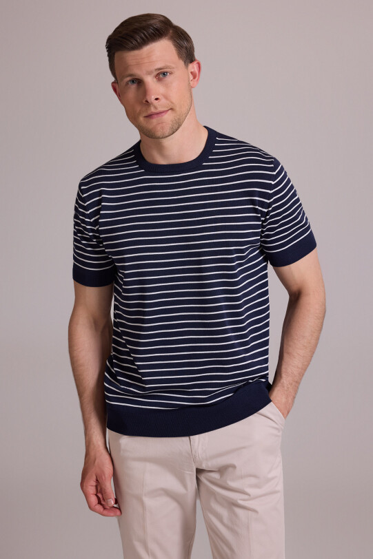 Erkek Lacivert Beyaz Regular Fit Bisiklet Yaka Çizgili Tişört