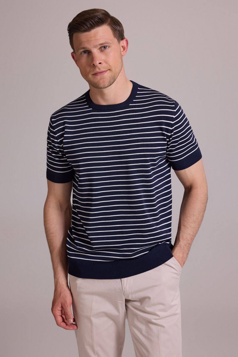 Erkek Lacivert Beyaz Regular Fit Bisiklet Yaka Çizgili Tişört - 2