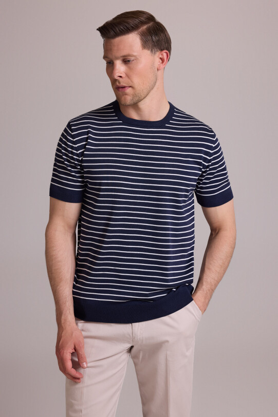 Erkek Lacivert Beyaz Regular Fit Bisiklet Yaka Çizgili Tişört