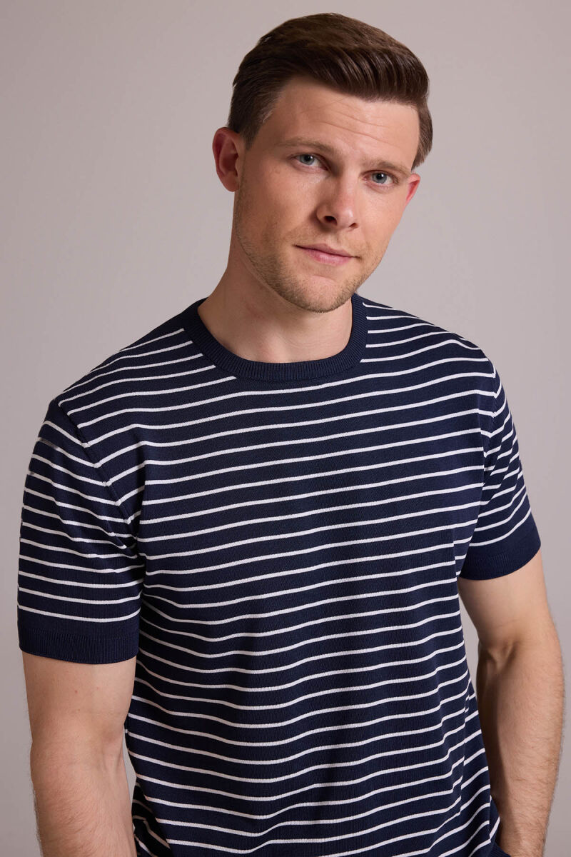 Erkek Lacivert Beyaz Regular Fit Bisiklet Yaka Çizgili Tişört - 5