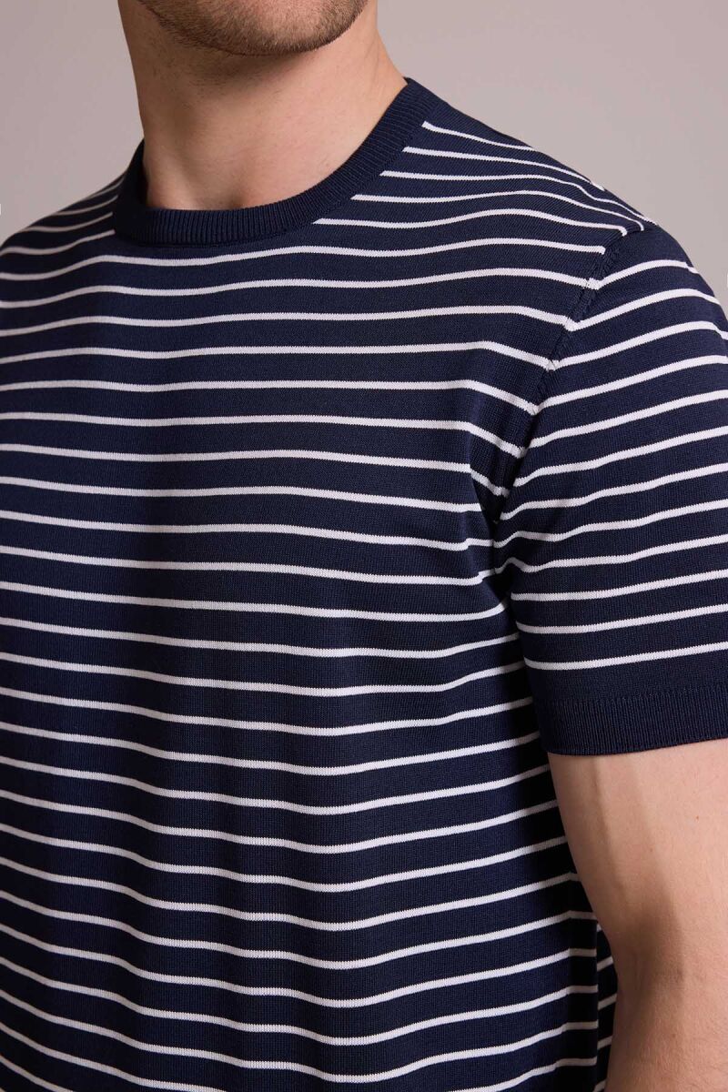 Erkek Lacivert Beyaz Regular Fit Bisiklet Yaka Çizgili Tişört - 7