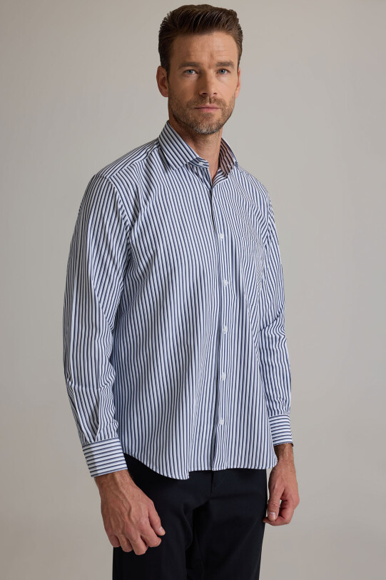 Erkek Lacivert Beyaz Regular Fit Çizgili Pamuklu Gömlek