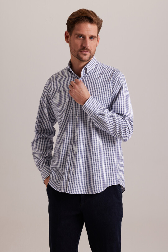 Erkek Lacivert Beyaz Regular Fit Kareli Yaka Düğmeli Gömlek