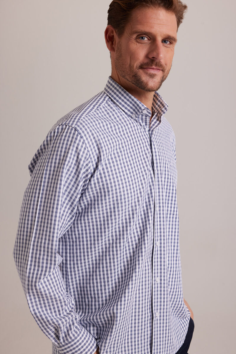 Erkek Lacivert Beyaz Regular Fit Kareli Yaka Düğmeli Gömlek - 4