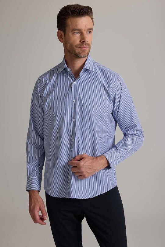 Erkek Lacivert Beyaz Regular Fit Pamuklu Çizgili Gömlek
