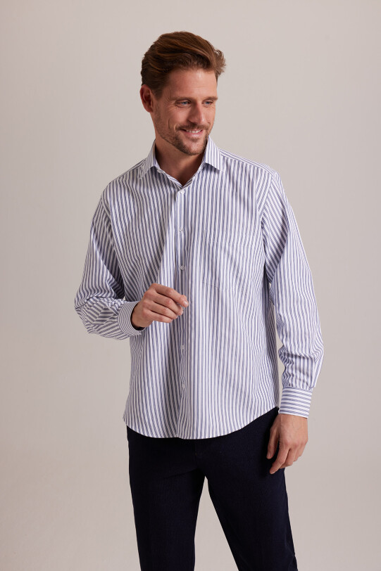 Erkek Lacivert Beyaz Uzun Kol Regular Fit Çizgili Yarım İtalyan Yaka Gömlek