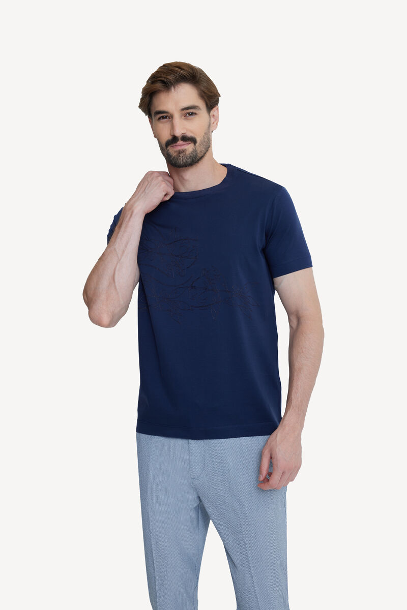 Erkek Lacivert Bisiklet Yaka Desenli Regular Fit Tshirt - 1