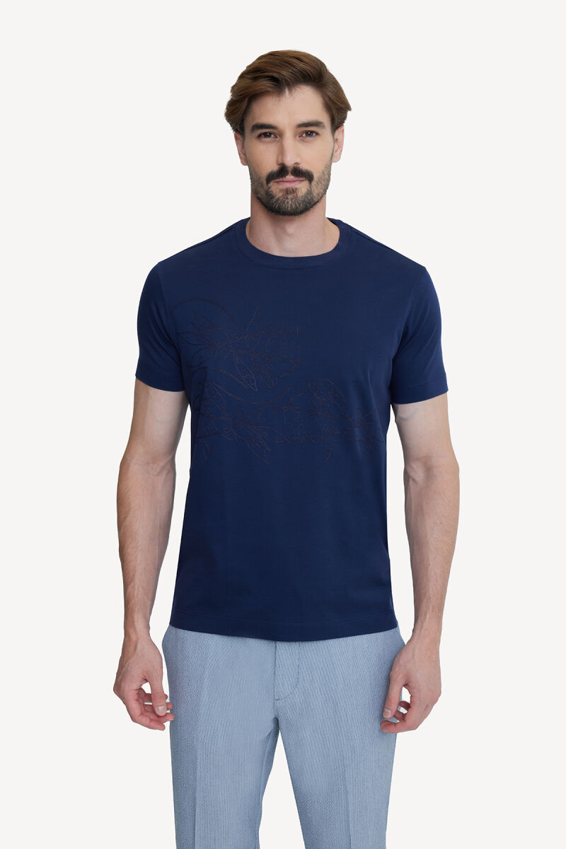 Erkek Lacivert Bisiklet Yaka Desenli Regular Fit Tshirt - 2