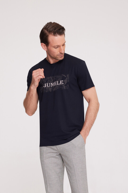 Erkek Lacivert Bisiklet Yaka Desenli T-Shirt