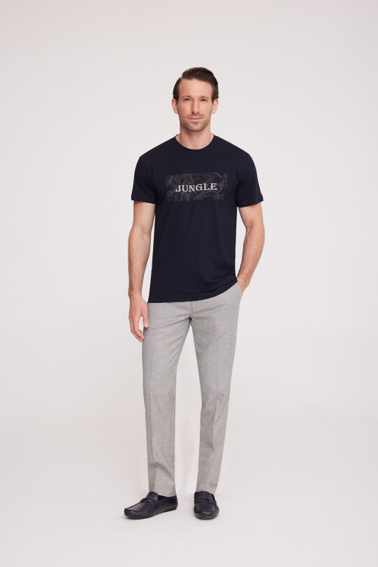 Erkek Lacivert Bisiklet Yaka Desenli T-Shirt