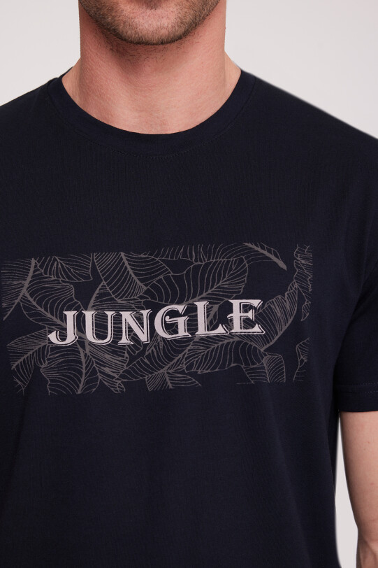 Erkek Lacivert Bisiklet Yaka Desenli T-Shirt