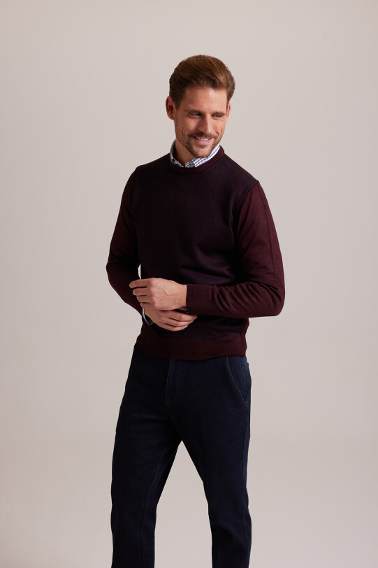 Erkek Lacivert Bordo Bisiklet Yaka Desenli Triko