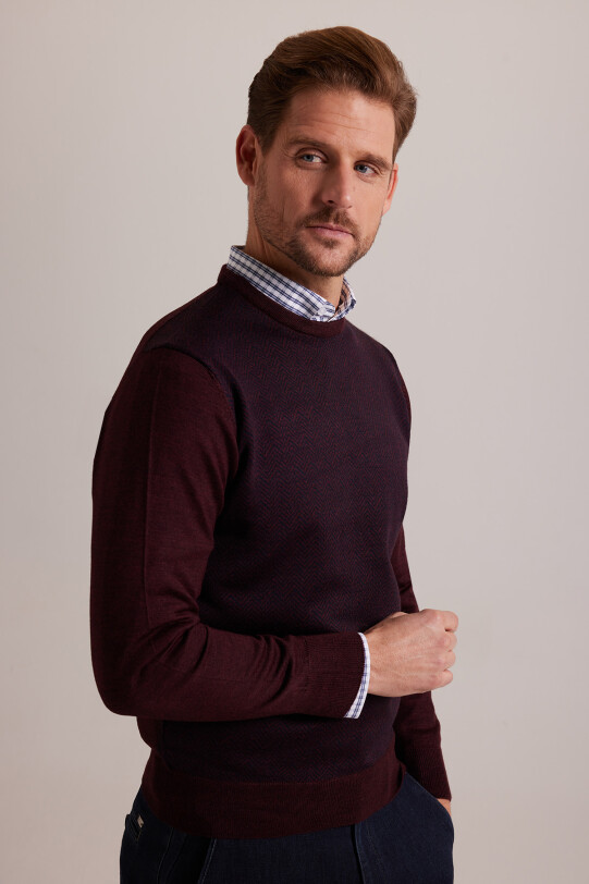 Erkek Lacivert Bordo Bisiklet Yaka Desenli Triko