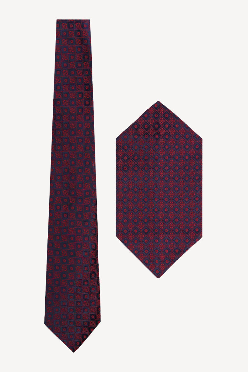 Erkek Lacivert Bordo Desenli Kravat Mendil Set - 1