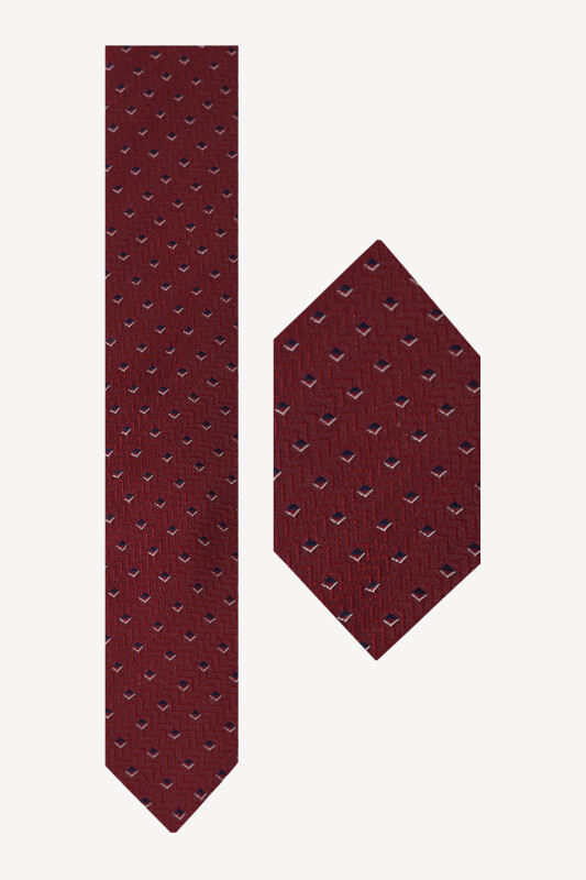 Erkek Lacivert Bordo Desenli Kravat Mendilli Set - YSF