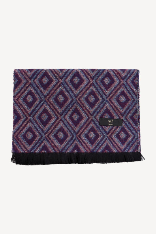 Erkek Lacivert Bordo Kare Desenli Yünlü Kaşkol