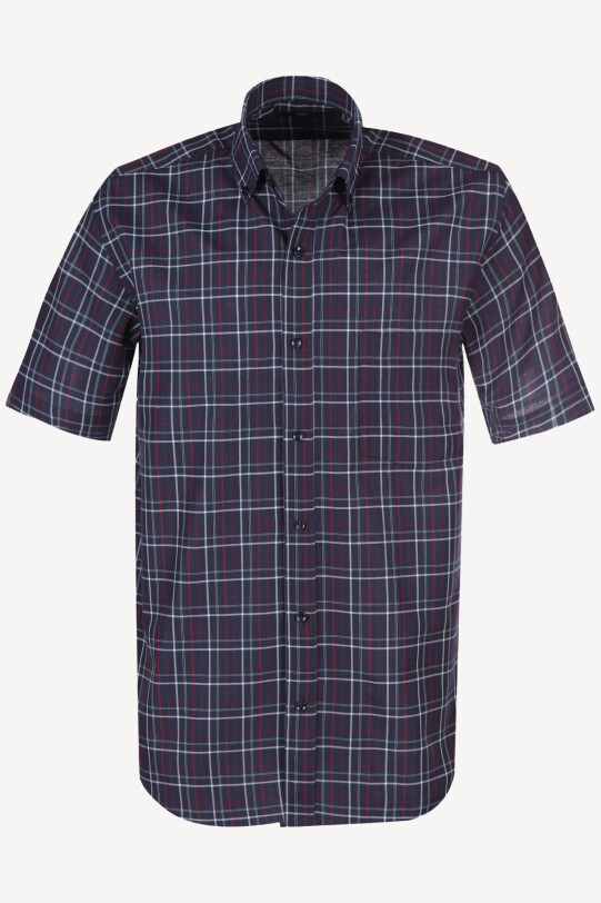 Erkek Lacivert Bordo Kareli Klasik Kısa Kol Gömlek