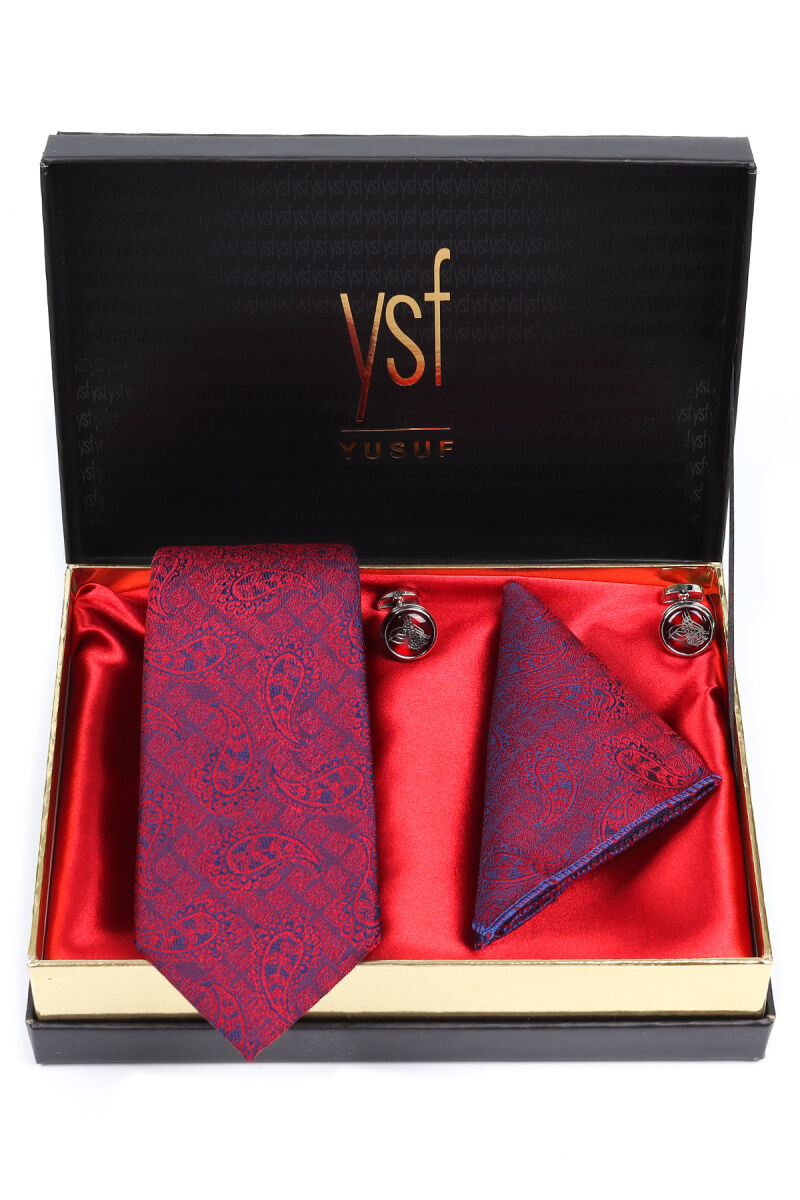 Erkek Lacivert Bordo Kravat Mendil Kol Düğmesi Set - 1